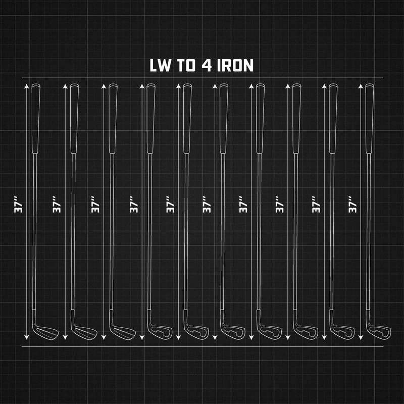 Avoda same-length irons — lob wedge through 4-iron, every club built to one length (37 inches)