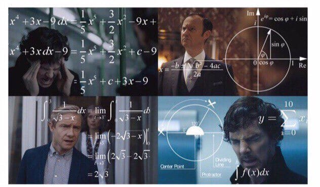 The 'calculating' meme — four panels of intense mental math overlaid with floating equations